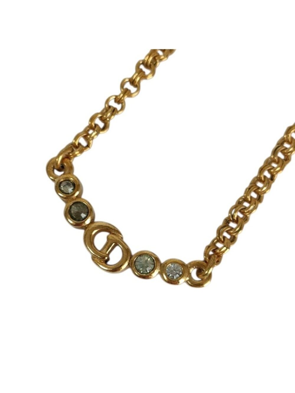 Dior Vintage Logo Rhinestone Chain Necklace Gold Plated Colored